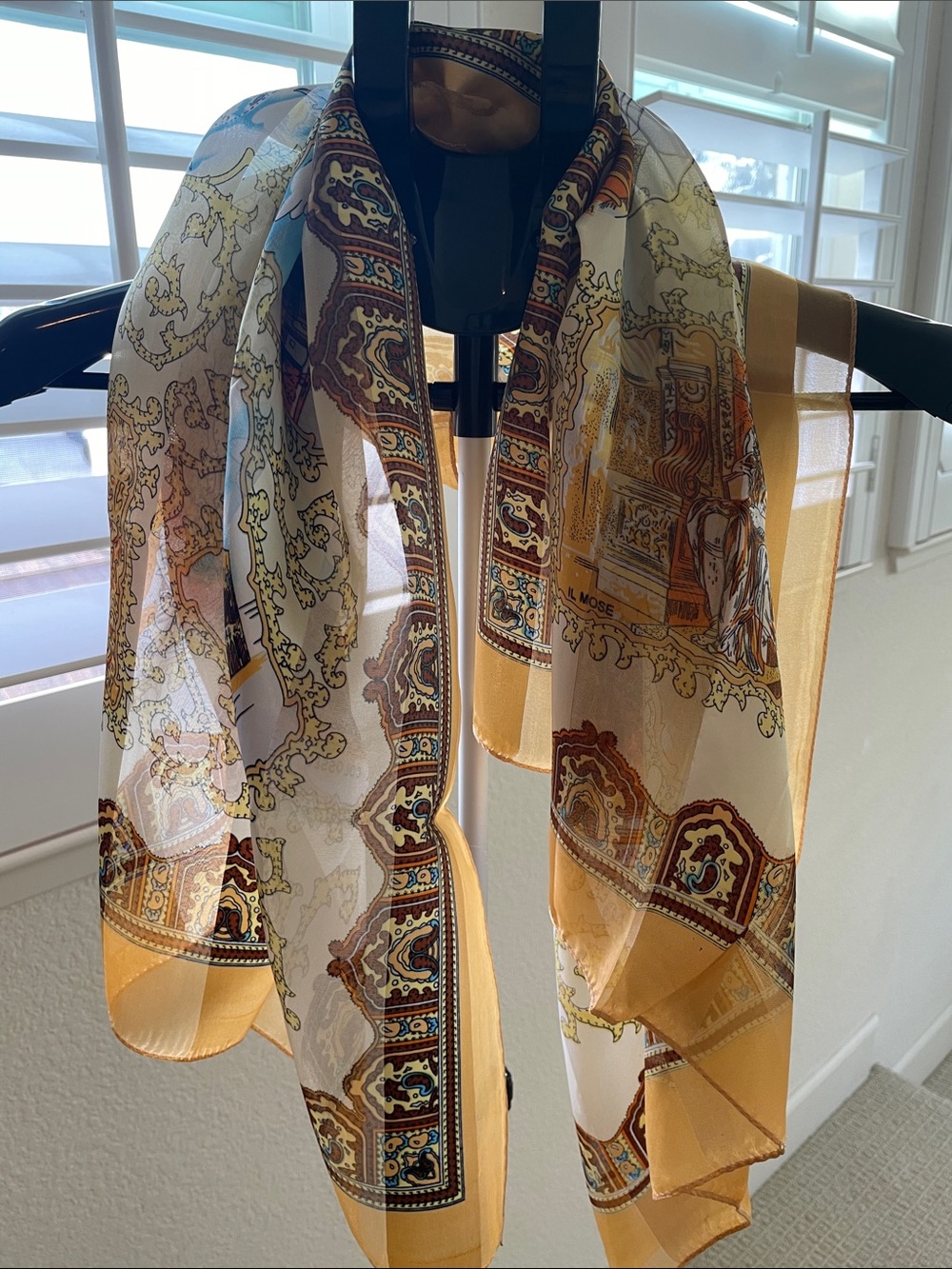 Silk-Feel Paisley Print Scarf in Mustard and Cream